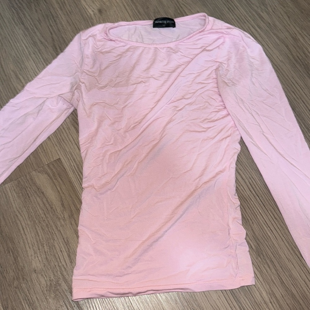Pink, tight, long sleeve, white fox top.